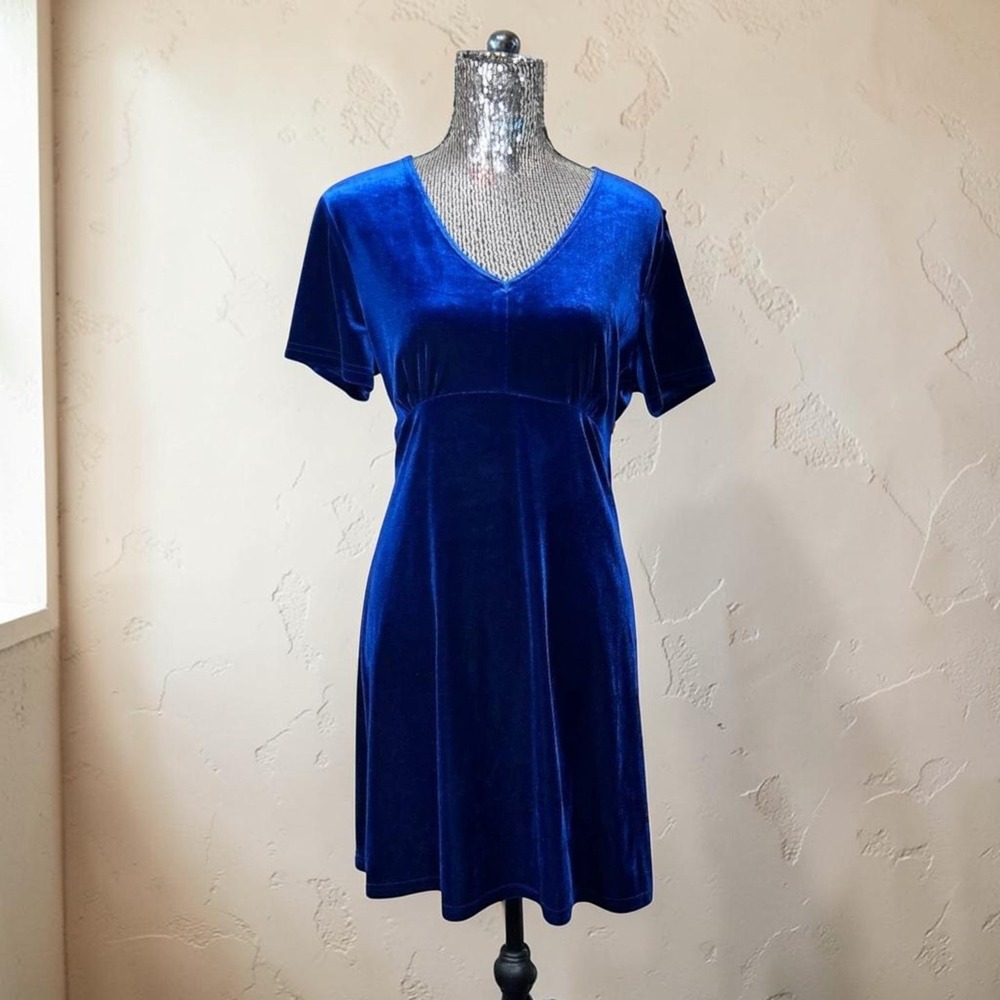 Vintage Y2K Blue Velvet Babydoll Dress V Neck Short Sleeve Whimsigoth Large